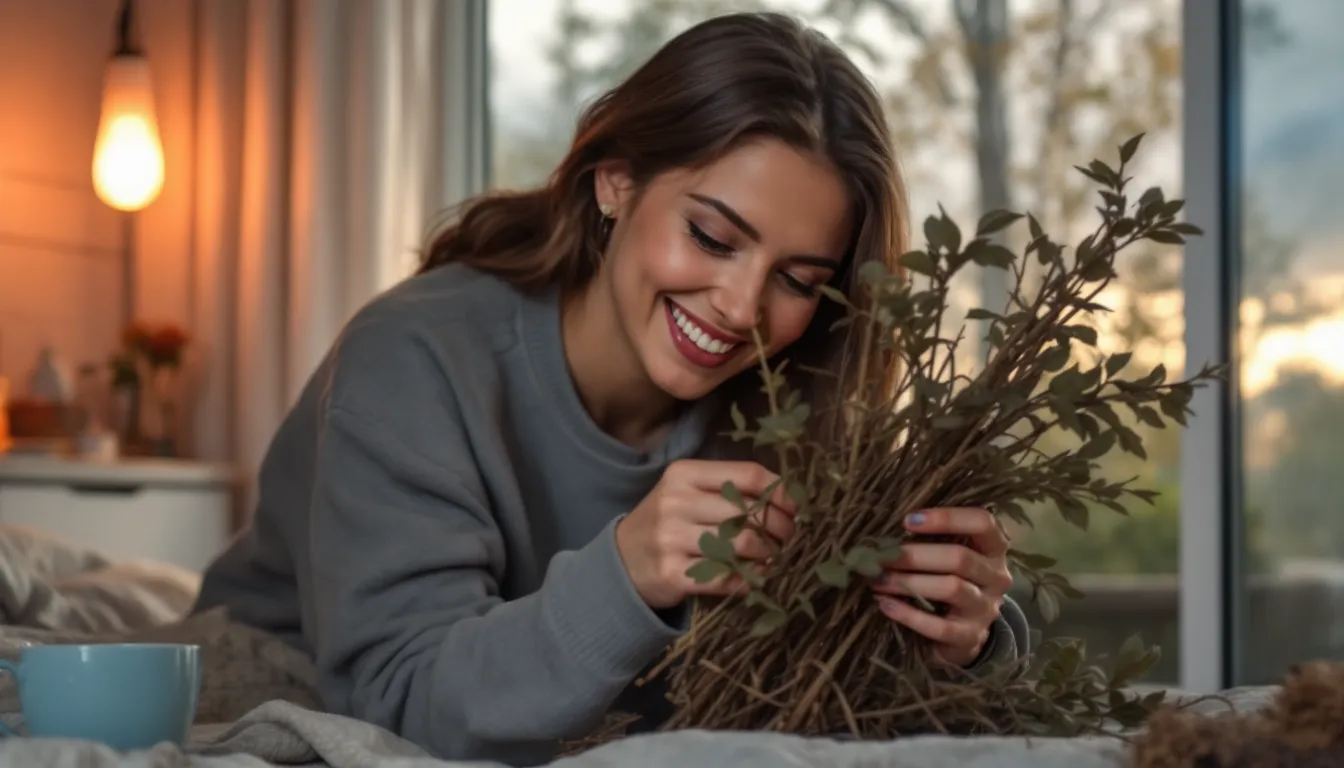 Hands placing small kindling on glowing embers of a low fire at sunrise.