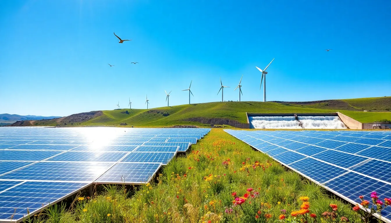 solar panels and wind turbines in a sunny American landscape.