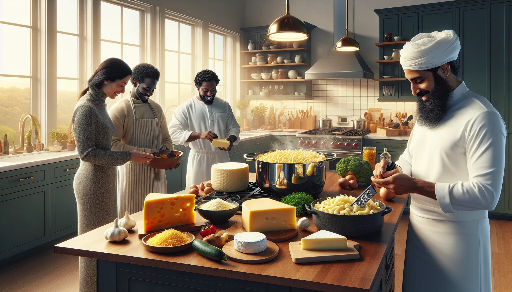 diverse group cooking with white cheddar in a modern kitchen.