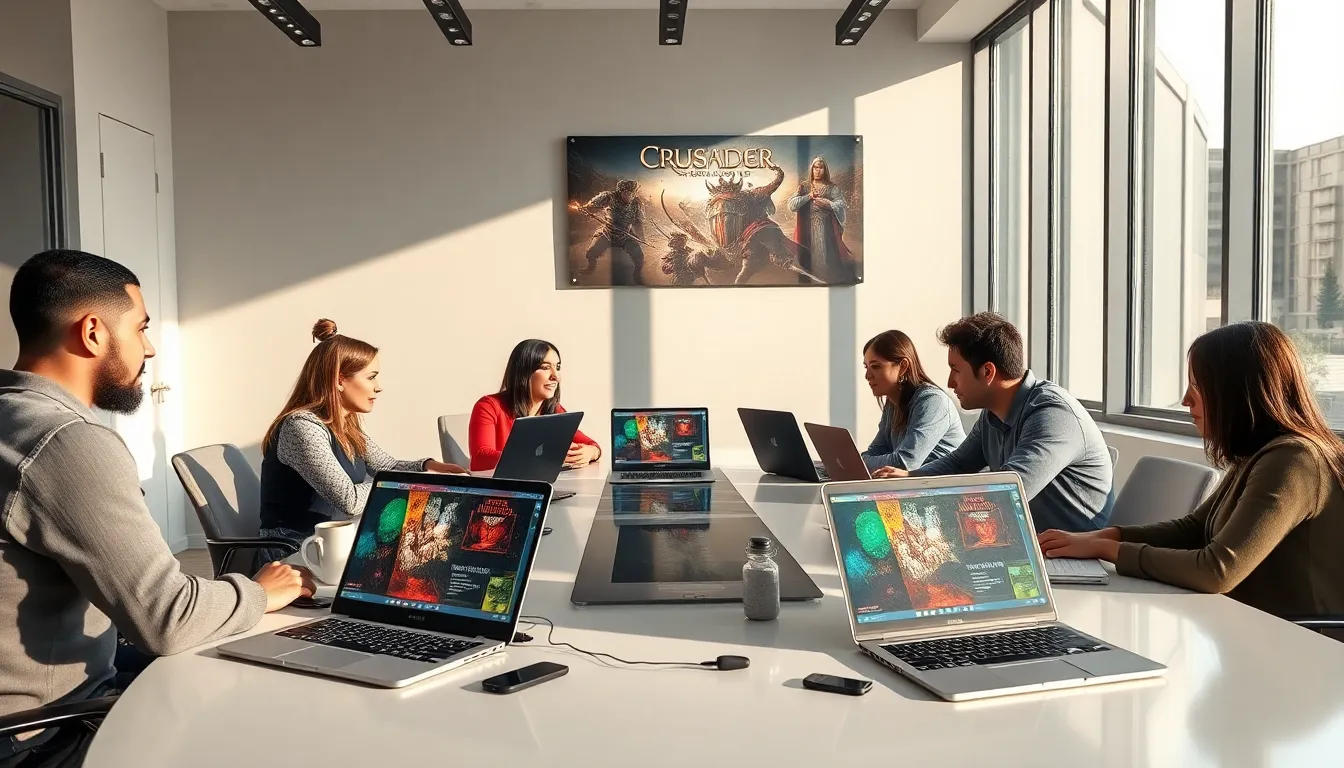 diverse team discussing game design at a modern office.