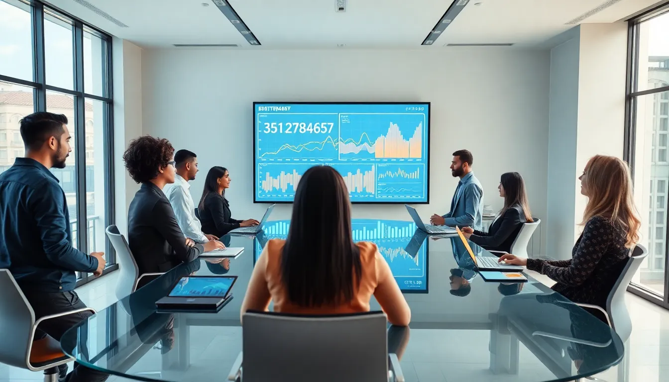 diverse team discussing data insights in a modern office.