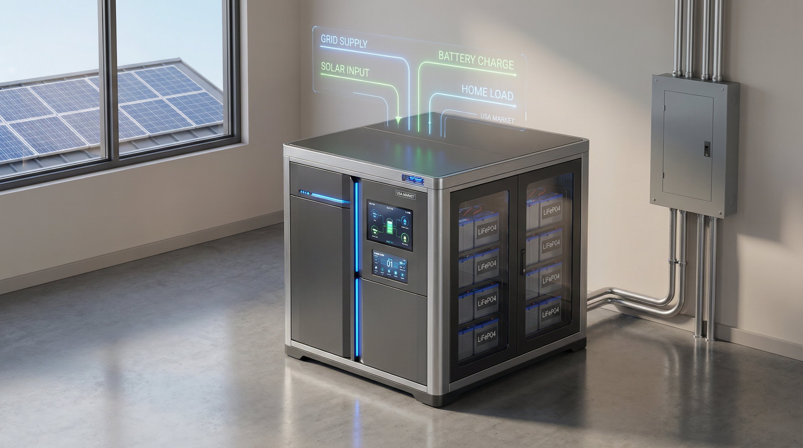 3D render of modular whole home battery backup system in modern residential setting