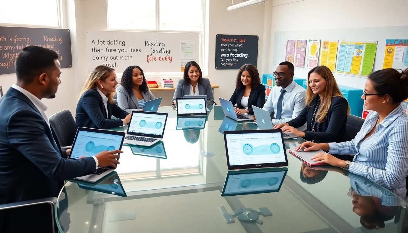 diverse educators discussing literacy in a modern classroom setting.