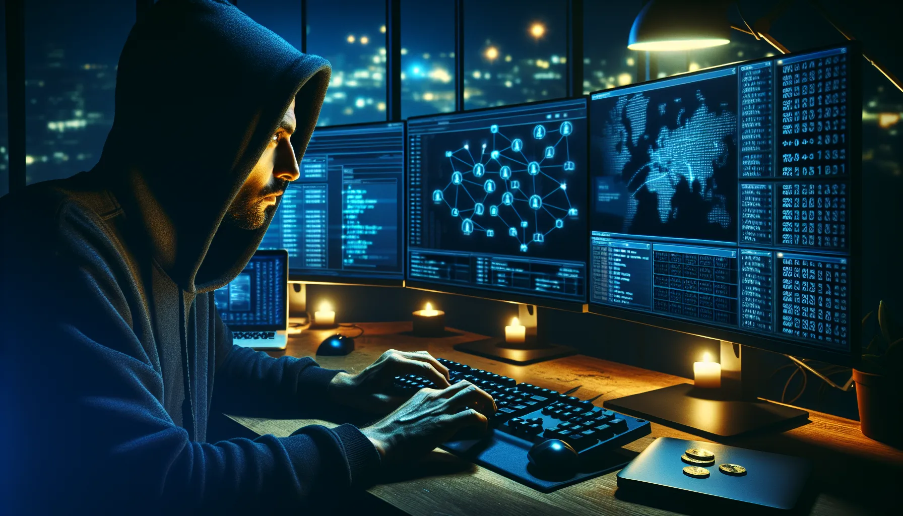 Hooded cryptocurrency trader monitoring blockchain data on multiple screens in dim lighting.