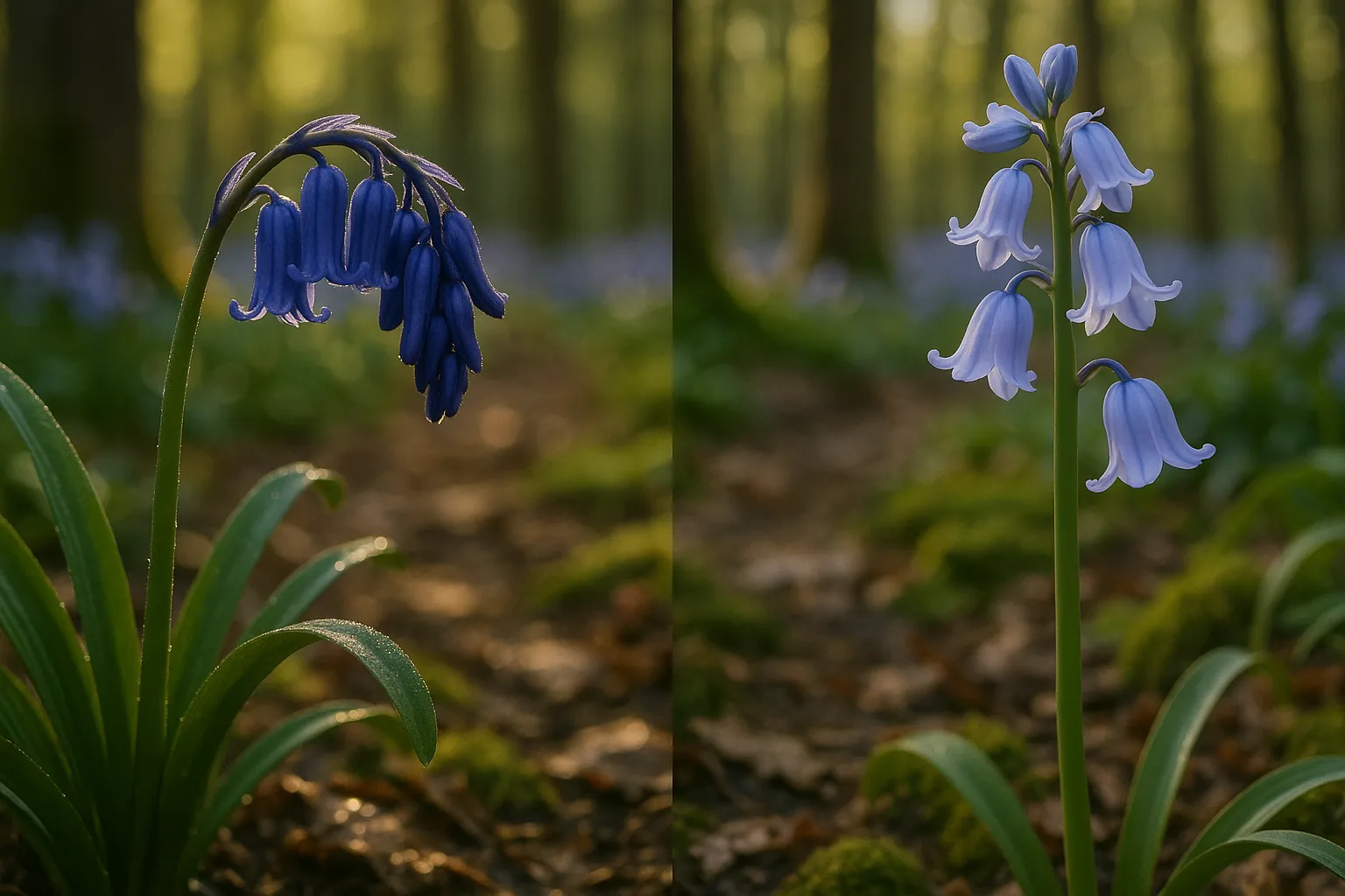 Side-by-side close-up of drooping English and upright Spanish bluebell clusters