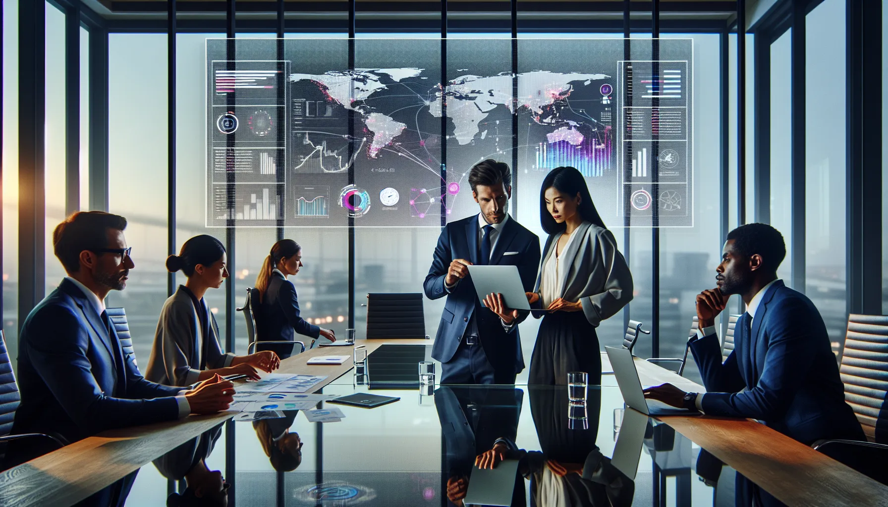 diverse team discussing telecommunications and logistics in a modern office.