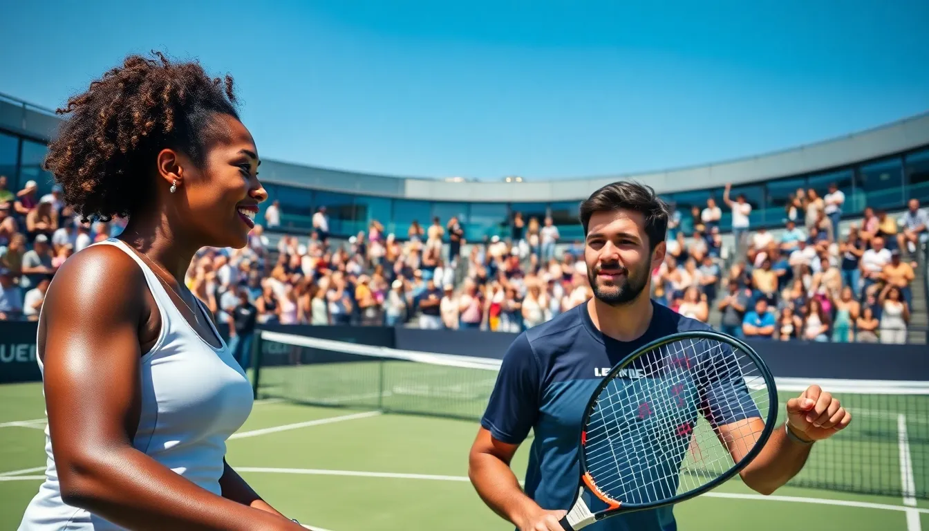 Tennis players in action on a vibrant court with cheering fans.
