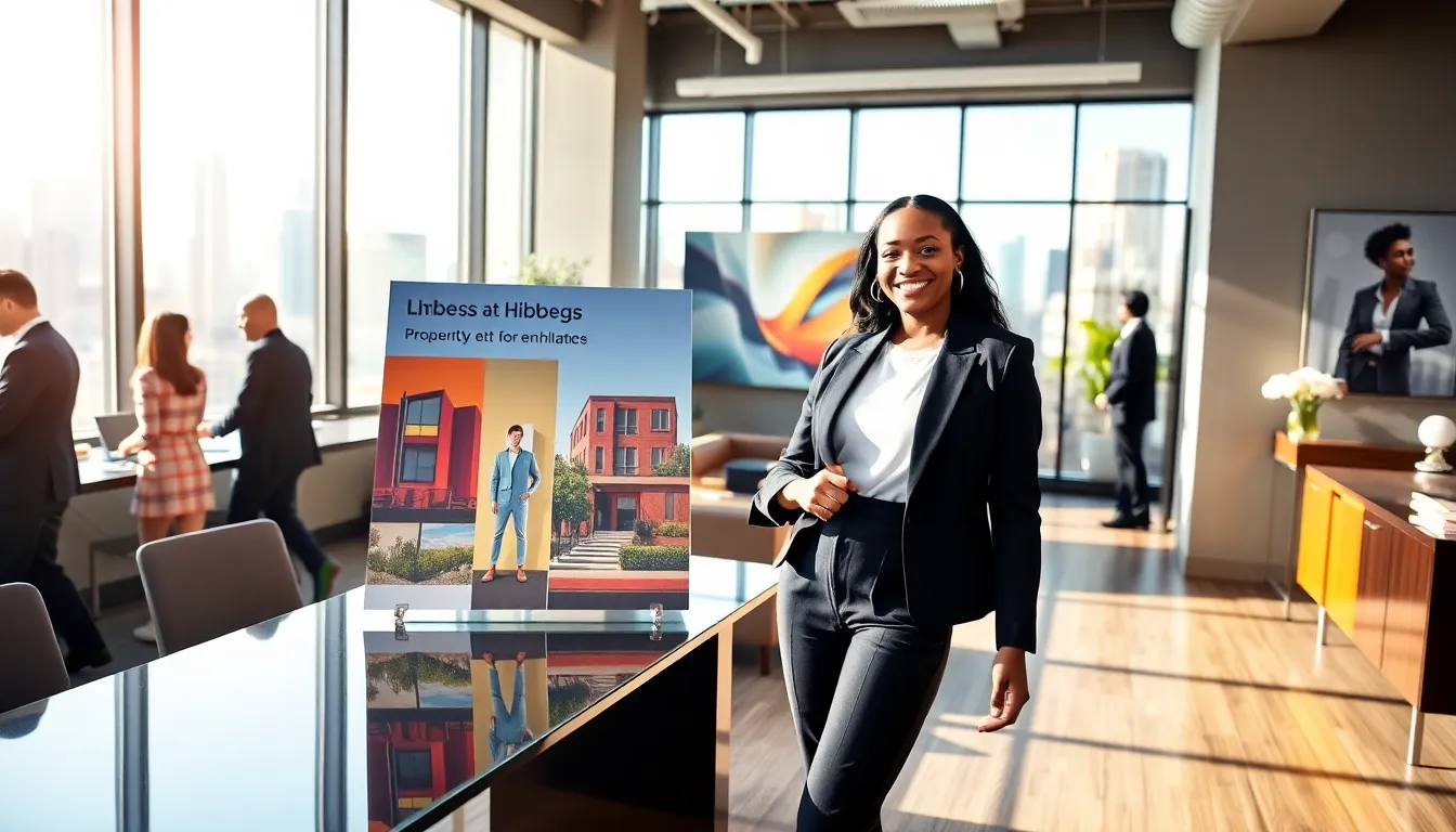 a stylish realtor showcasing Hibbegs fashion in a modern office.