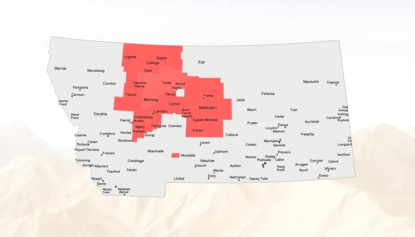 Political map of Montana highlighting urban and rural areas.