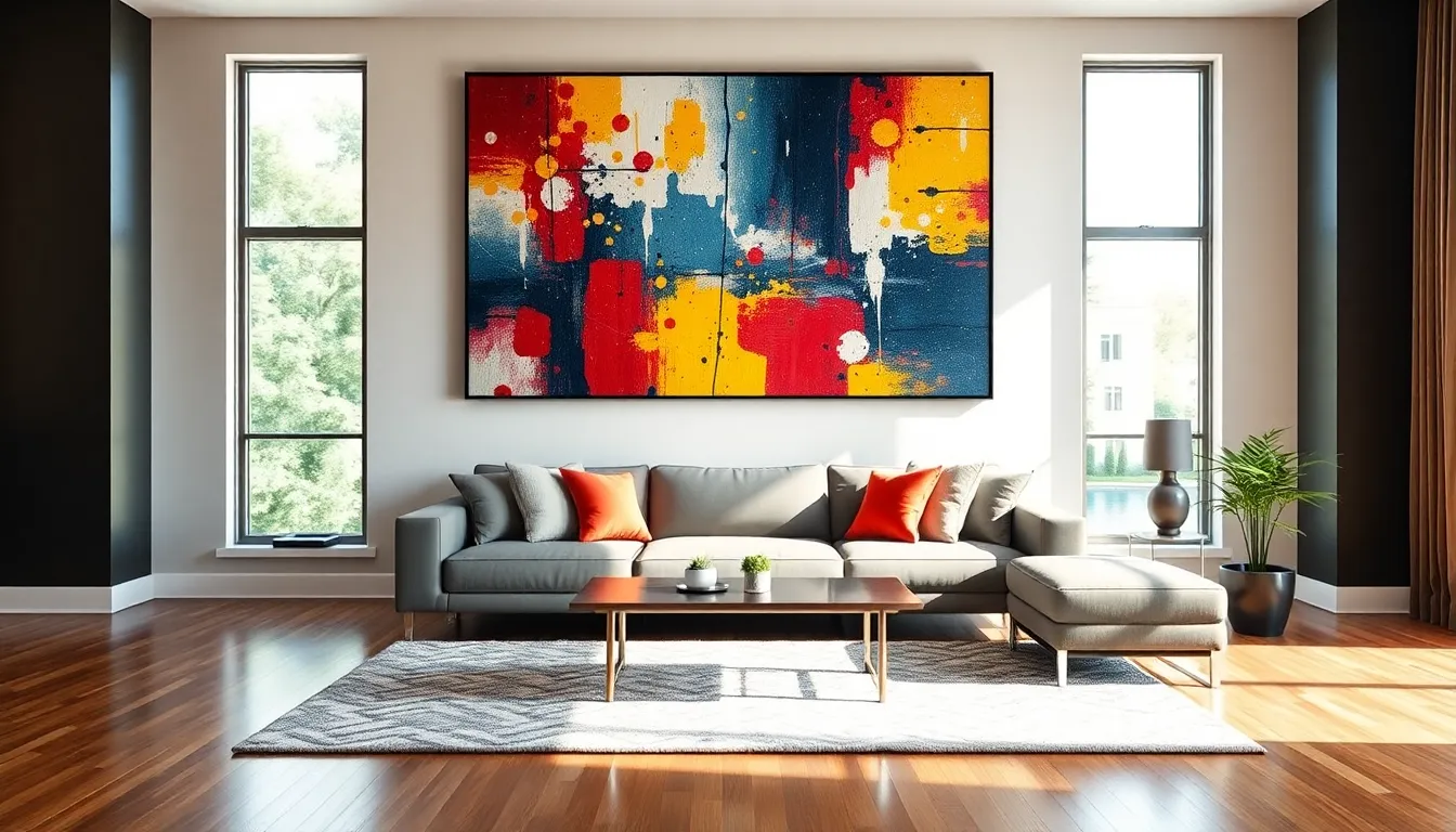 a vibrant painting above a modern sofa in a stylish living room.