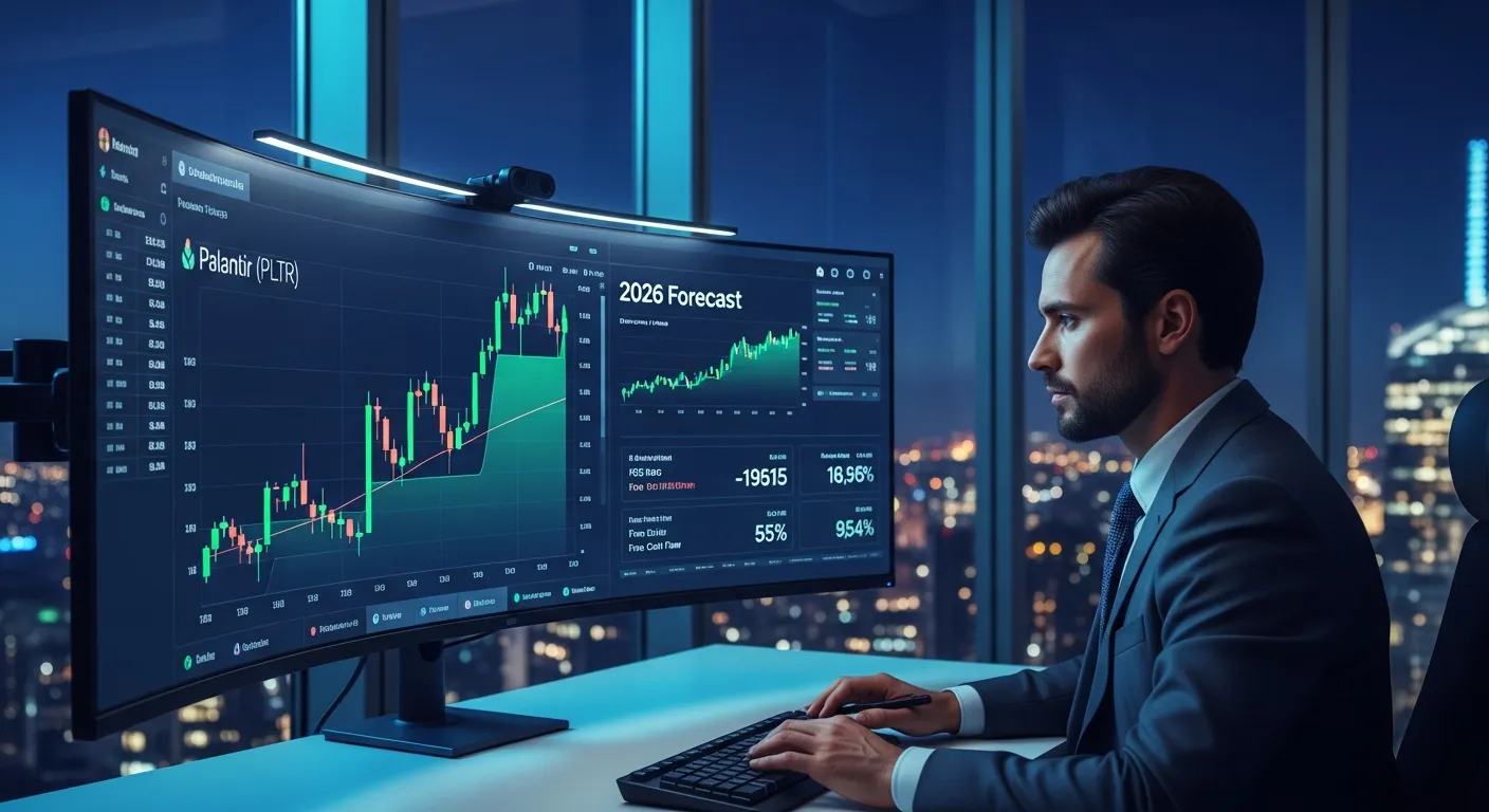 A financial analyst reviewing Palantir stock charts and 2026 valuation metrics on screens.