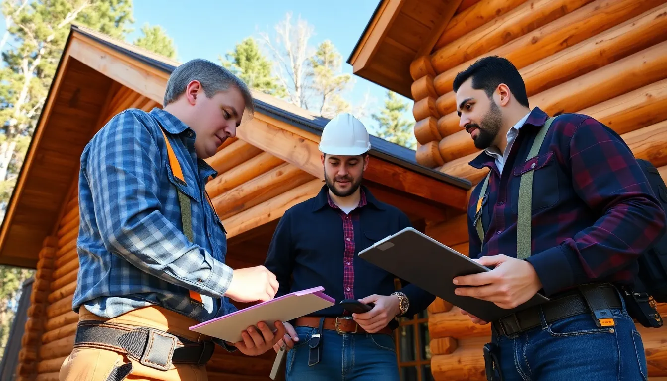 professionals inspecting a well-maintained log home outdoors.