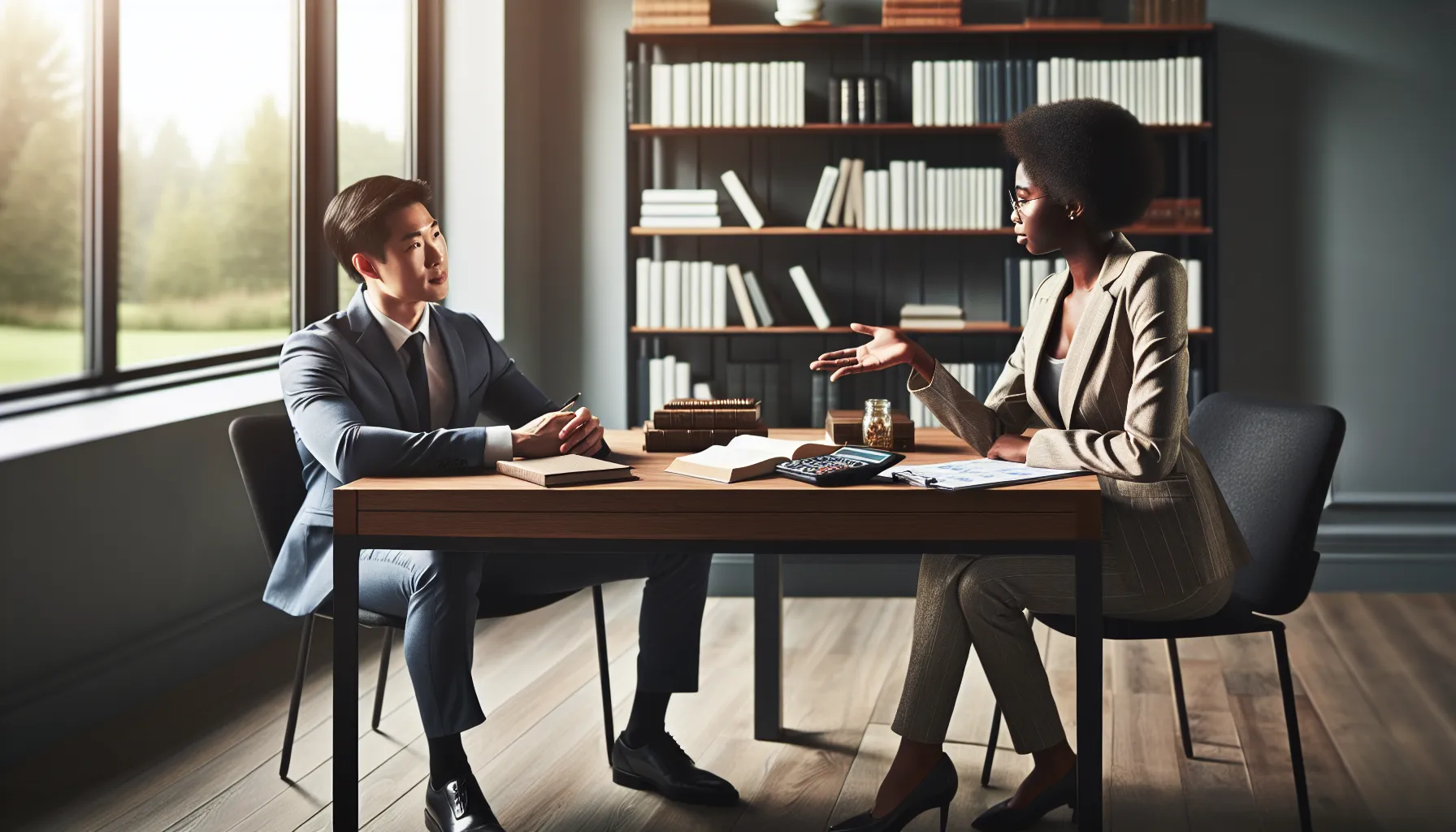 A career consultant discussing options with an advisor in a professional office setting.