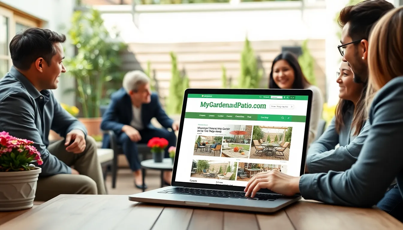 professionals discussing outdoor living designs by a well-decorated patio.