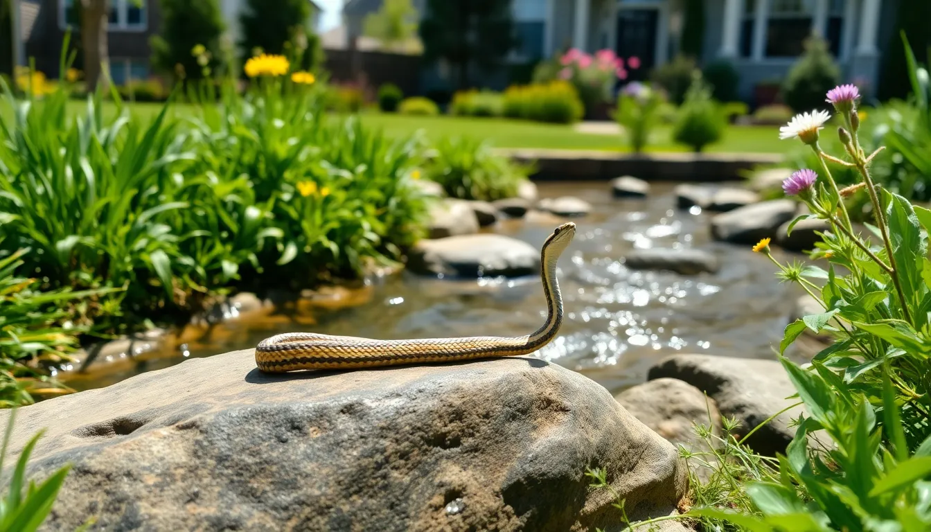 garter snake in a tranquil backyard garden near a stream.