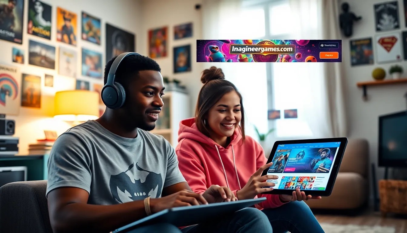 diverse gamers exploring Imagineergames.com on modern devices in a cozy setting.