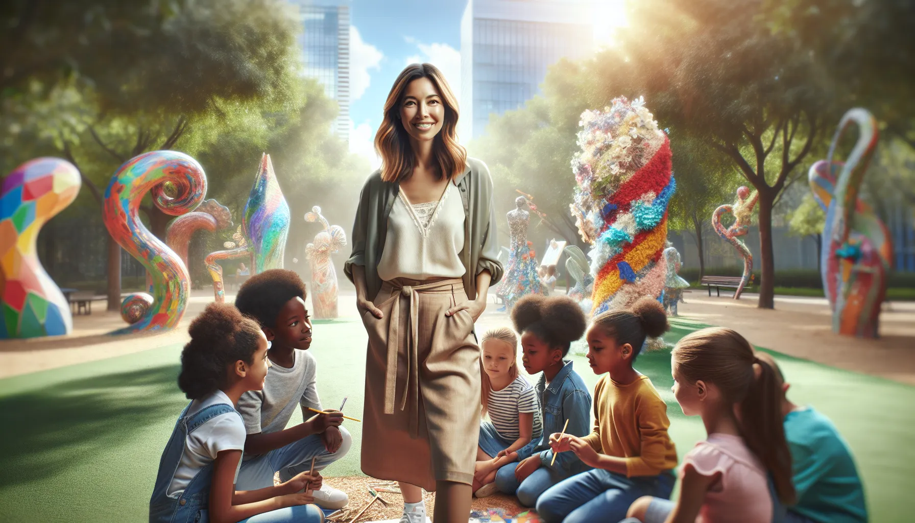 Ashley Johannsson leading an art activity with children in a colorful park.