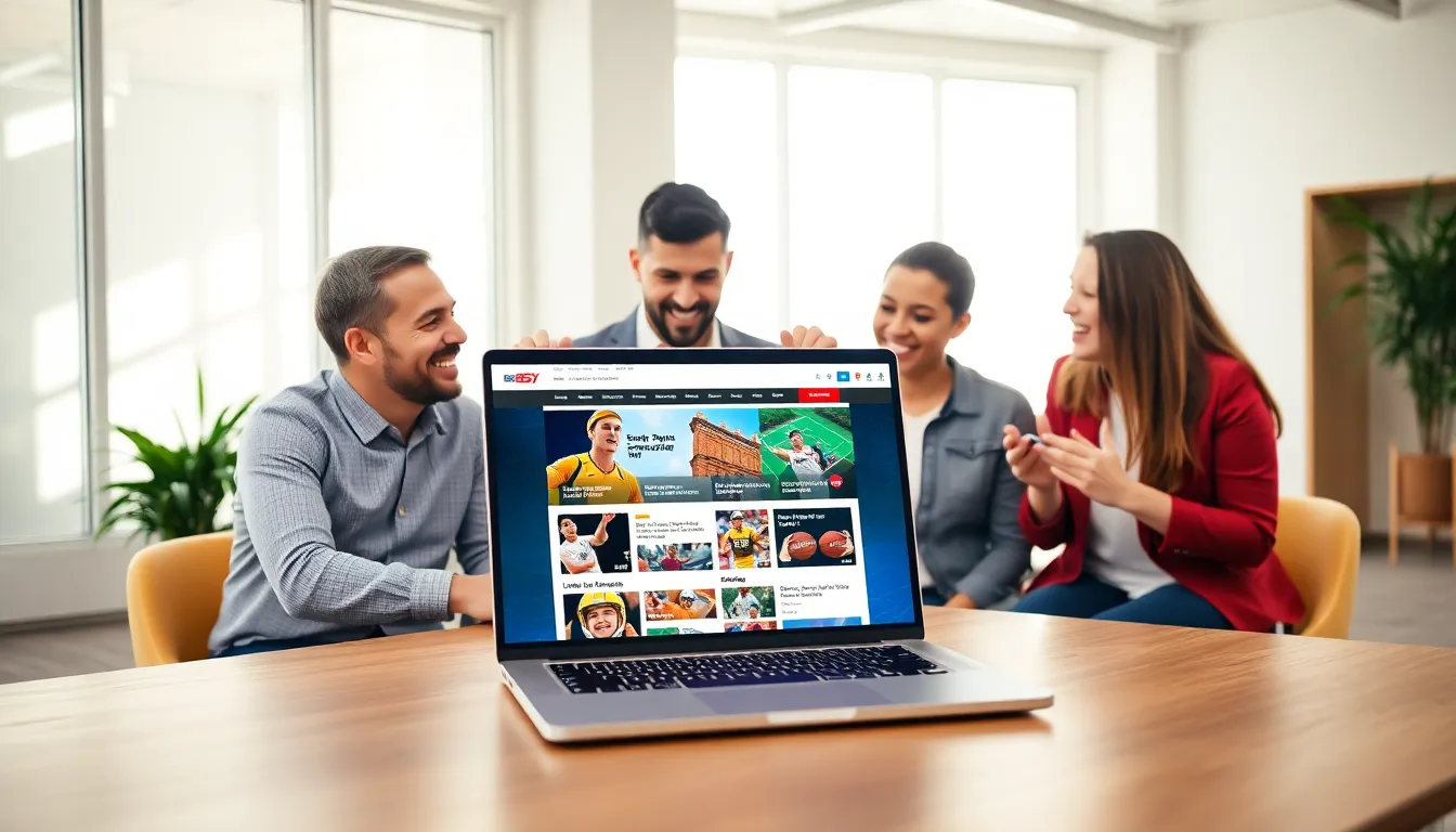 diverse group discussing sports content on a modern laptop.
