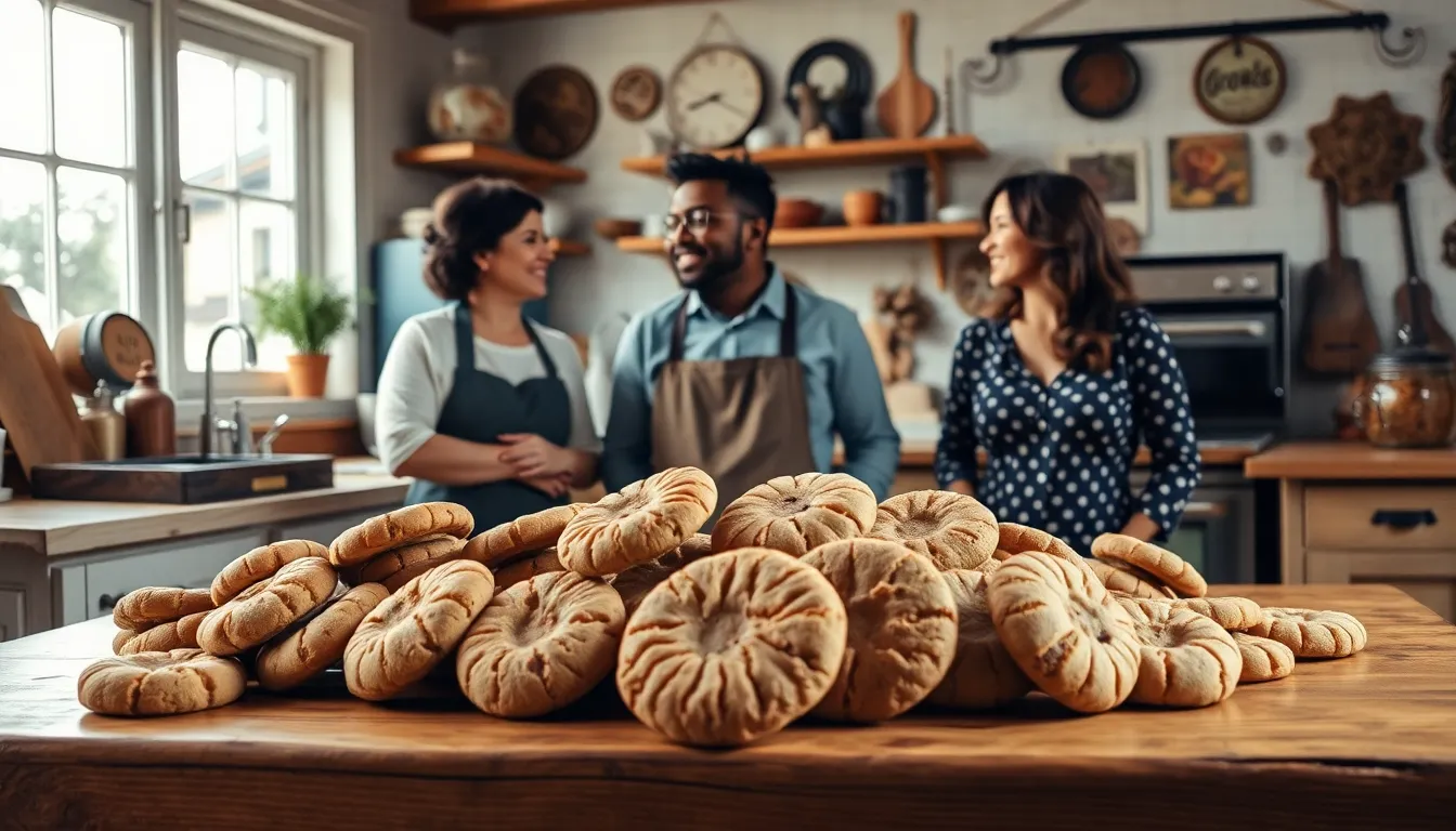 a diverse group sharing cookies in a cozy kitchen.