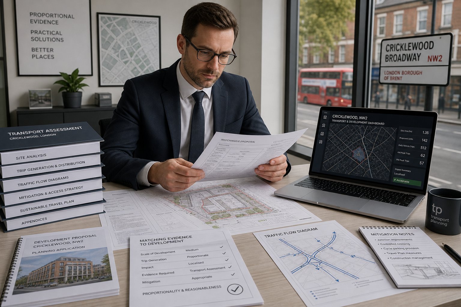Traffic engineer reviewing planning and transport documents in a modern office.