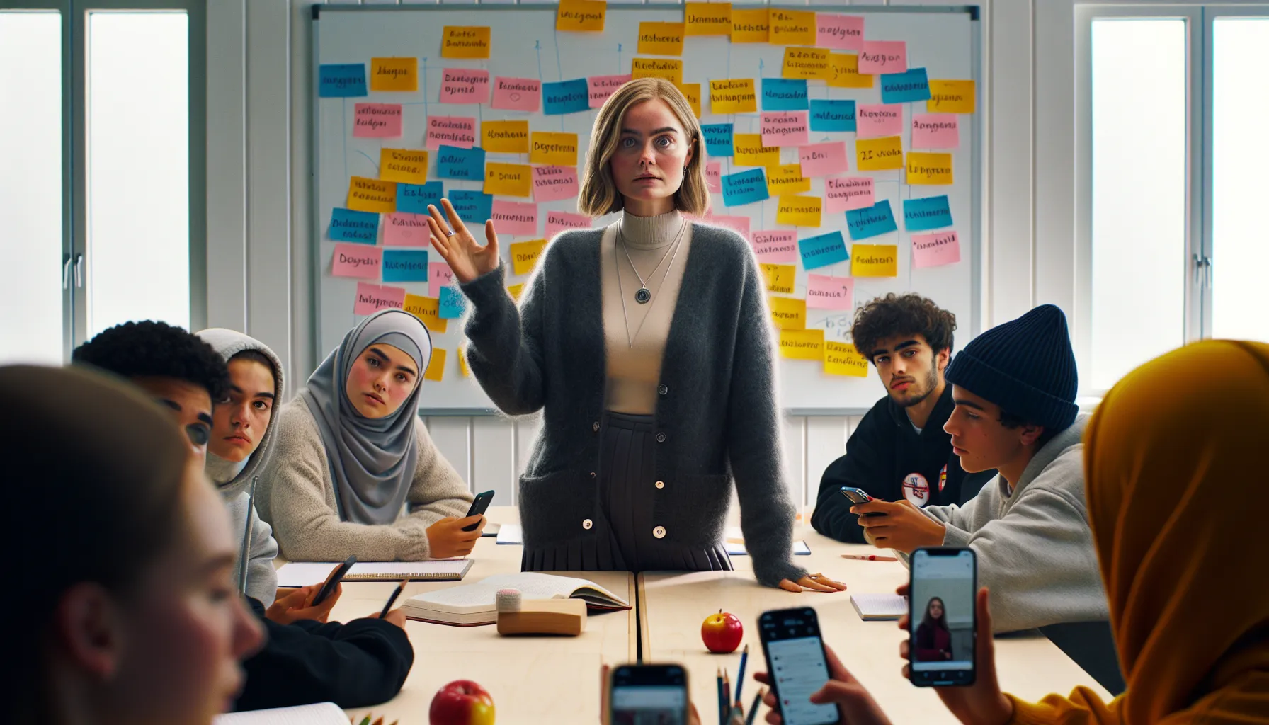 Norwegian teacher leads class on democracy using real-life examples and tools.