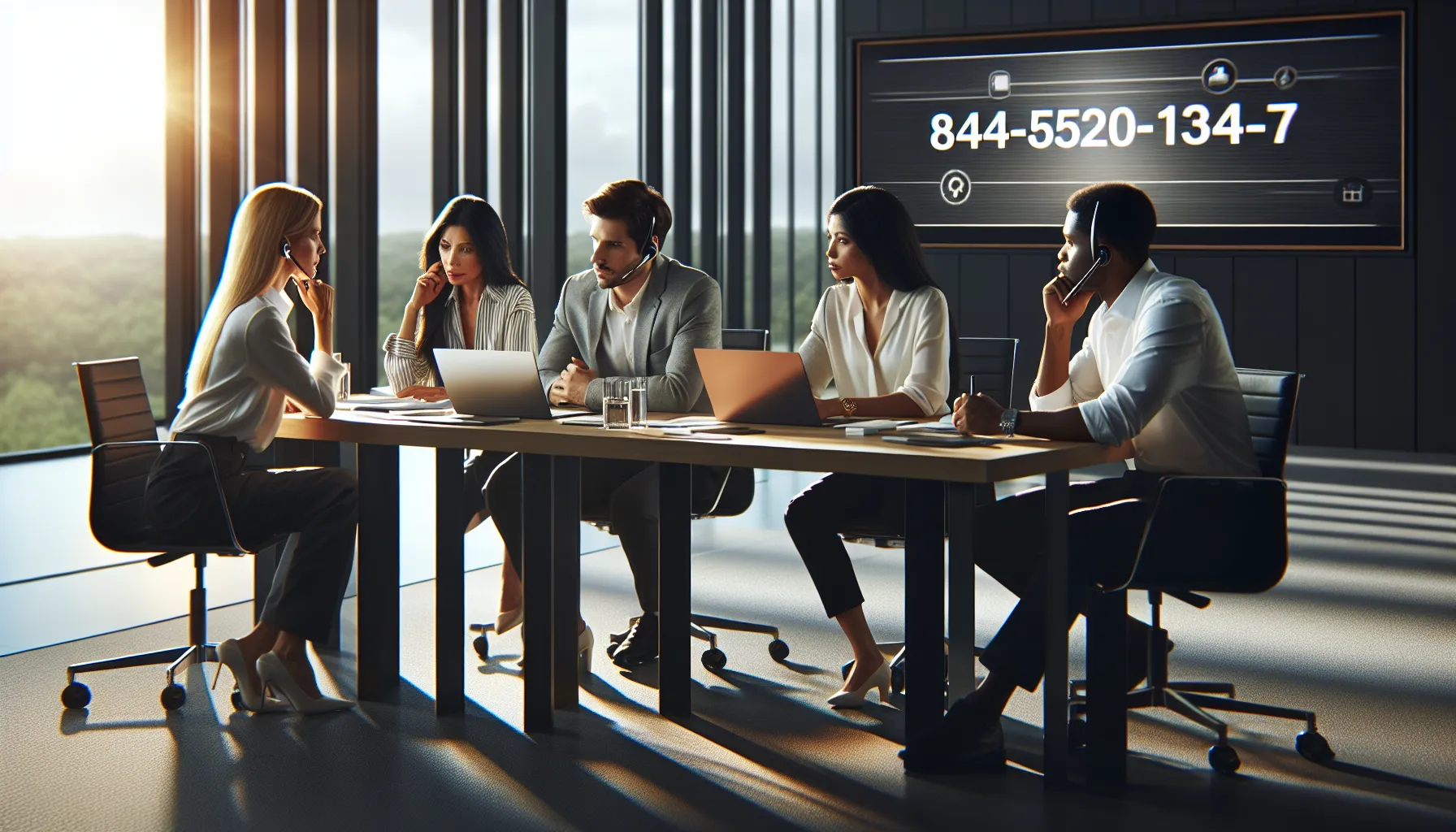 diverse team discussing a toll-free number in a modern office.