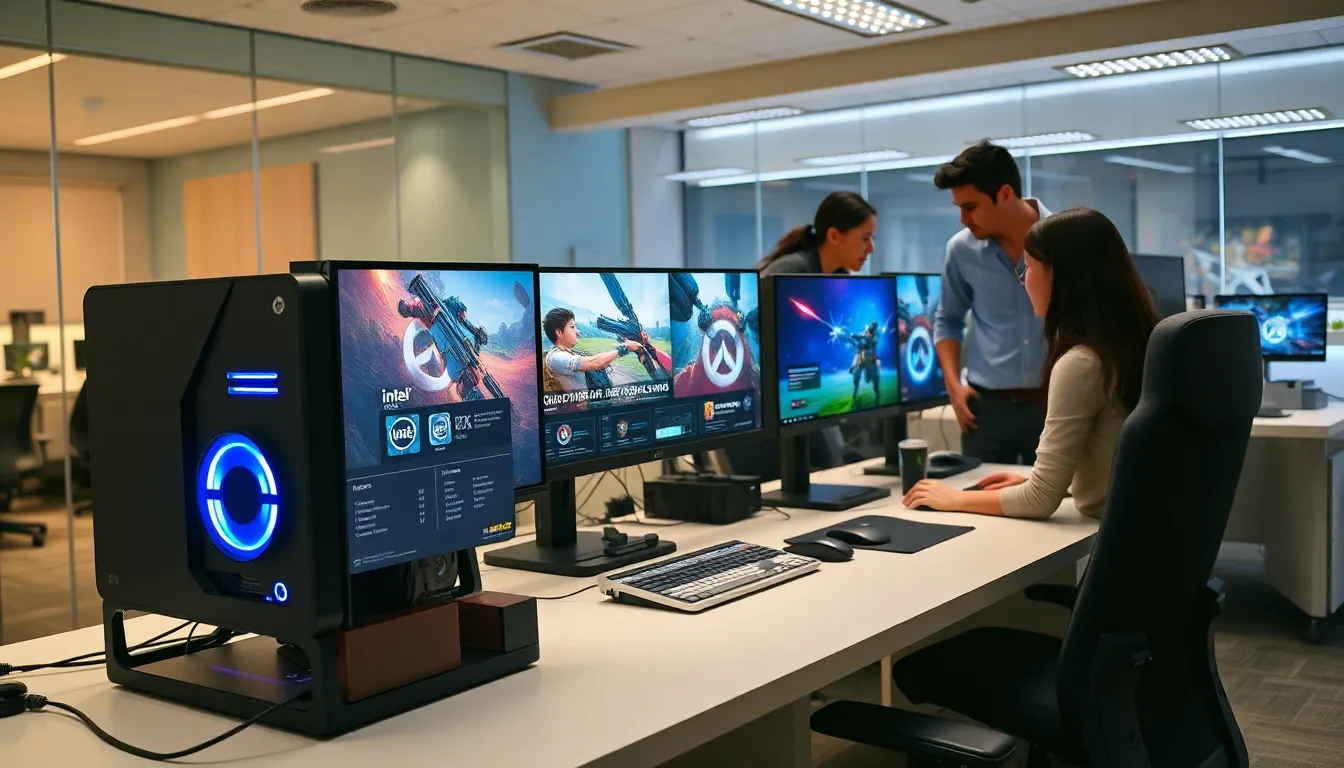 modern gaming setup with a team discussing Overwatch 2 requirements.