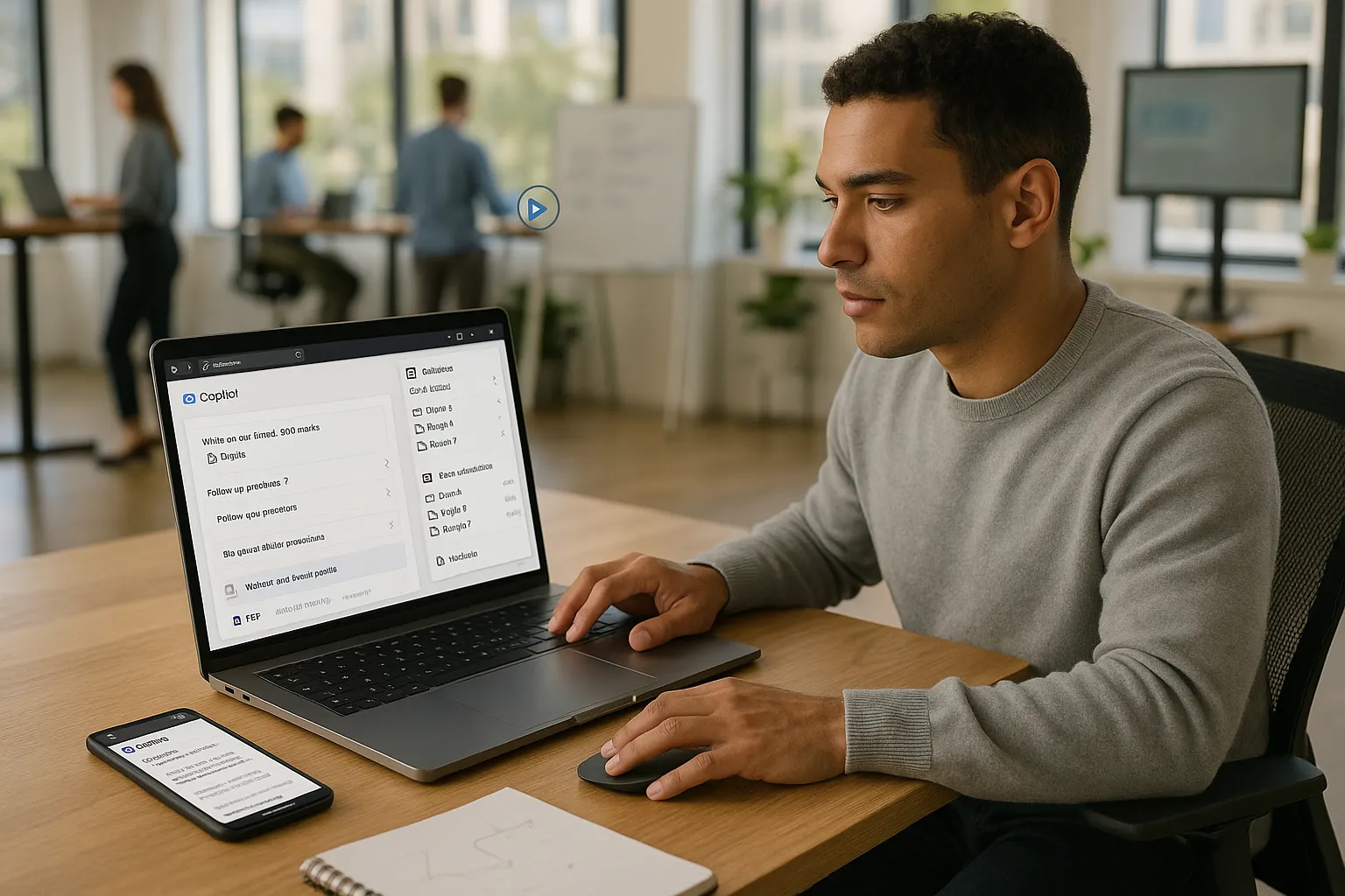 Office worker using AI on a laptop to automate research and writing tasks.