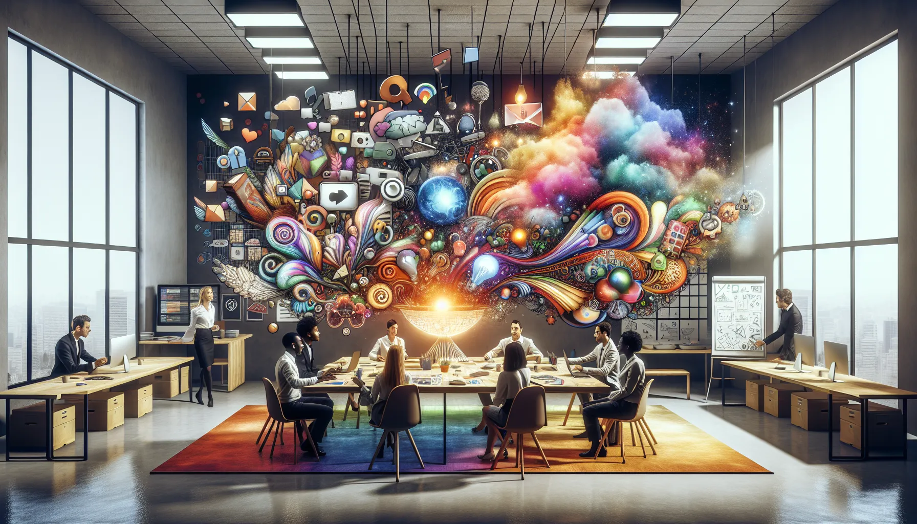 diverse team collaborating in a creative digital workspace.