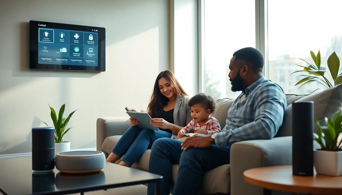 family using Control4 automation system in a modern living room.
