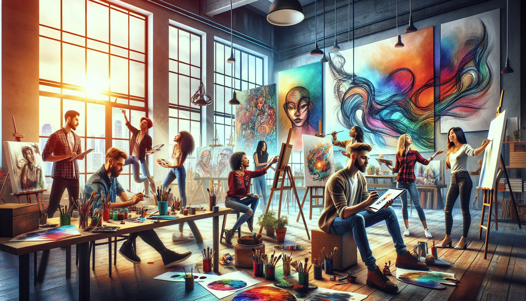 diverse artists collaborating in a creative studio environment.