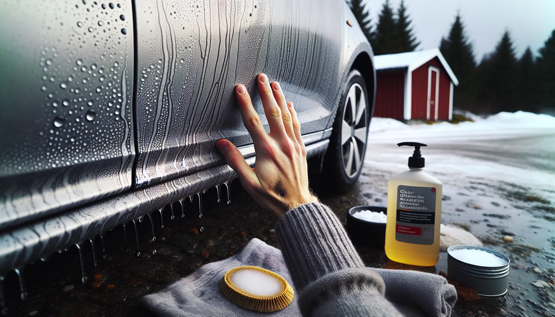 Hand in plastic bag feeling tar specks on car’s lower paint.