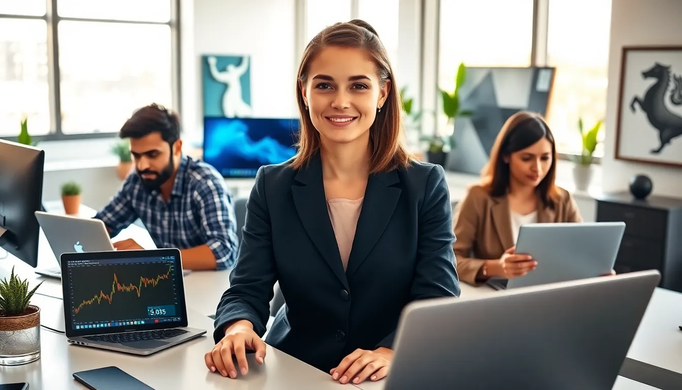 Rebecca Applewhite collaborating with colleagues in a modern tech office.