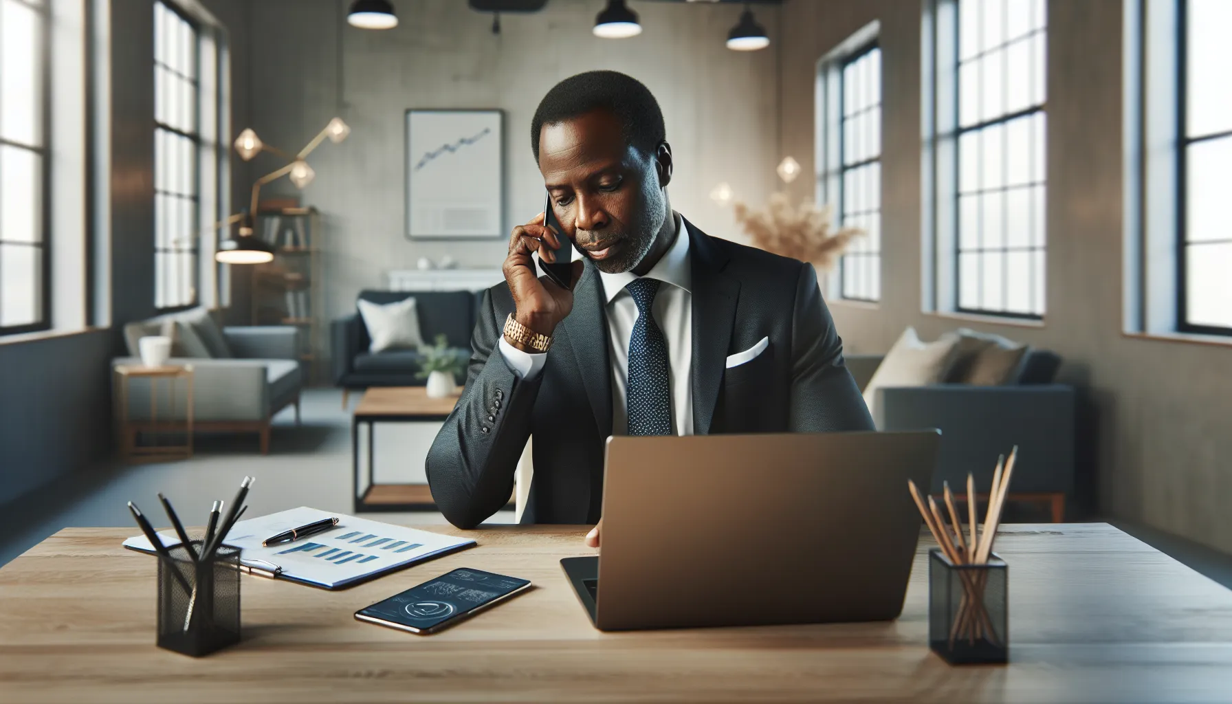 professional man on a phone call in a modern office.