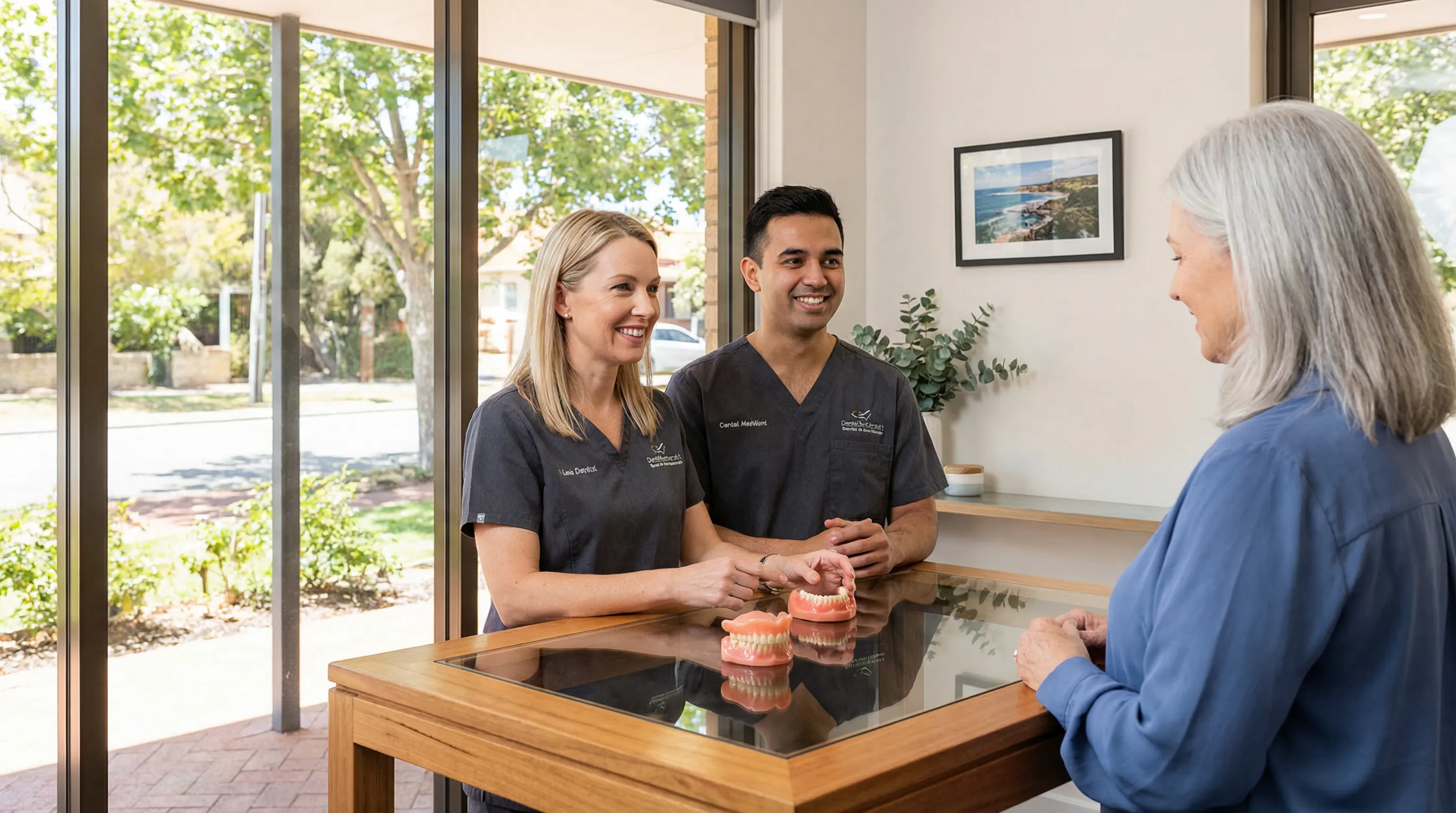 Dentist showing full dentures to a patient in a modern clinic.