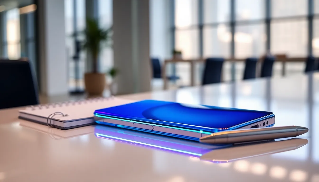 Samsung smartphone highlighting its edge lighting feature on a modern desk.