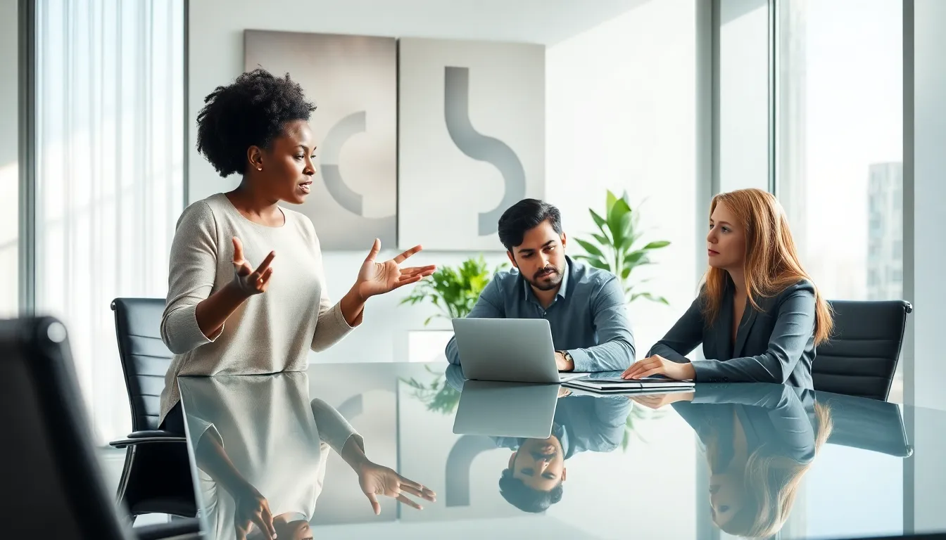 diverse team discussing challenges in a modern office setting.