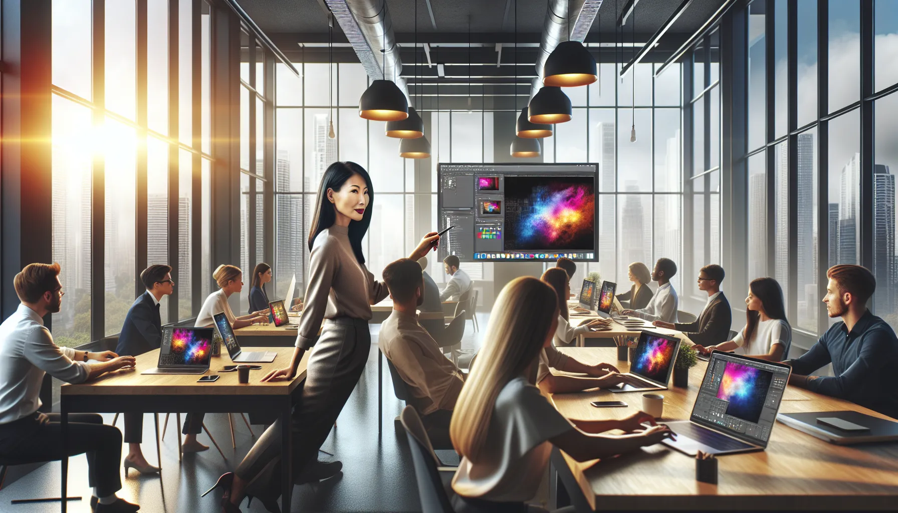 professionals collaborating in a modern office during a Photoshop course.