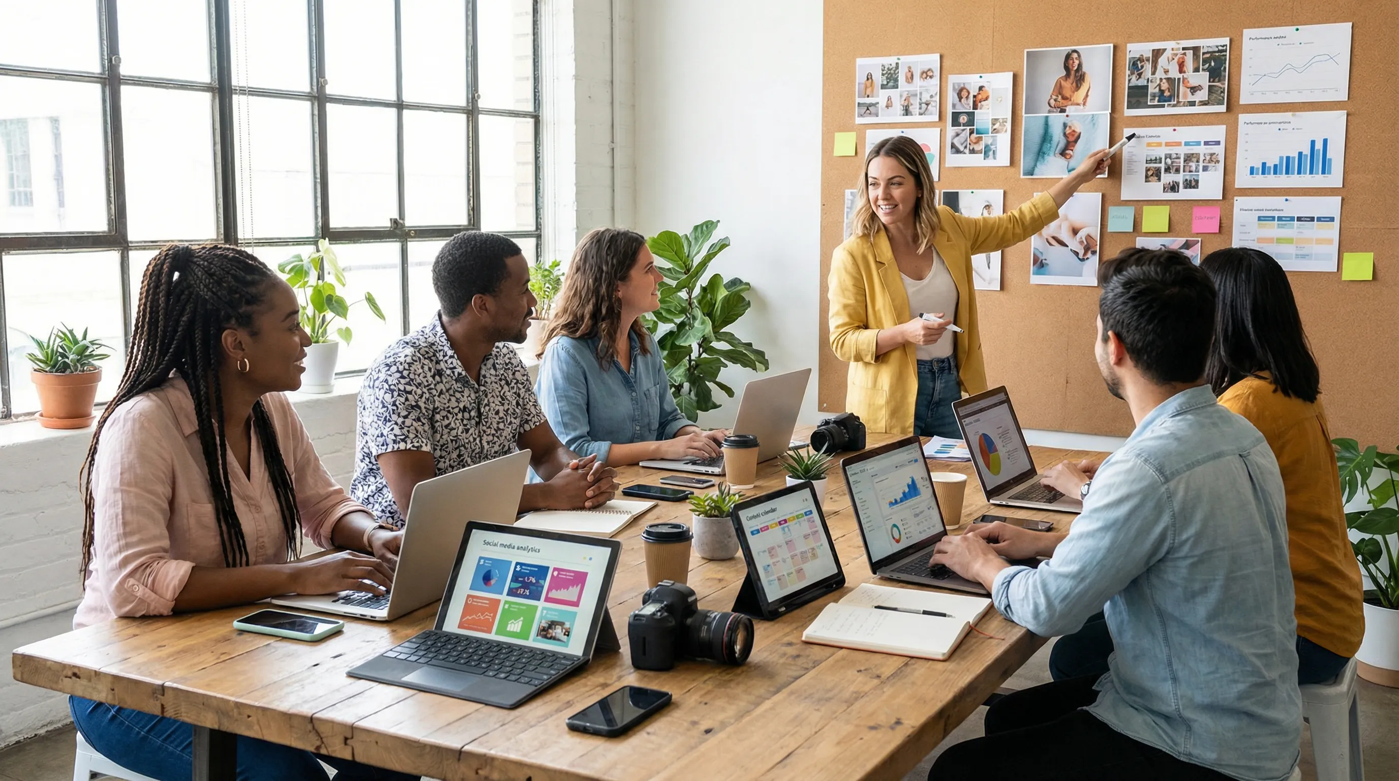 Professional social media management team collaborating at a bright modern office table with laptops and devices showing social media dashboards and content planning visuals.