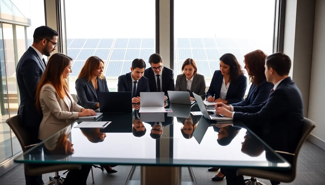 diverse team discussing renewable energy solutions in a modern office.