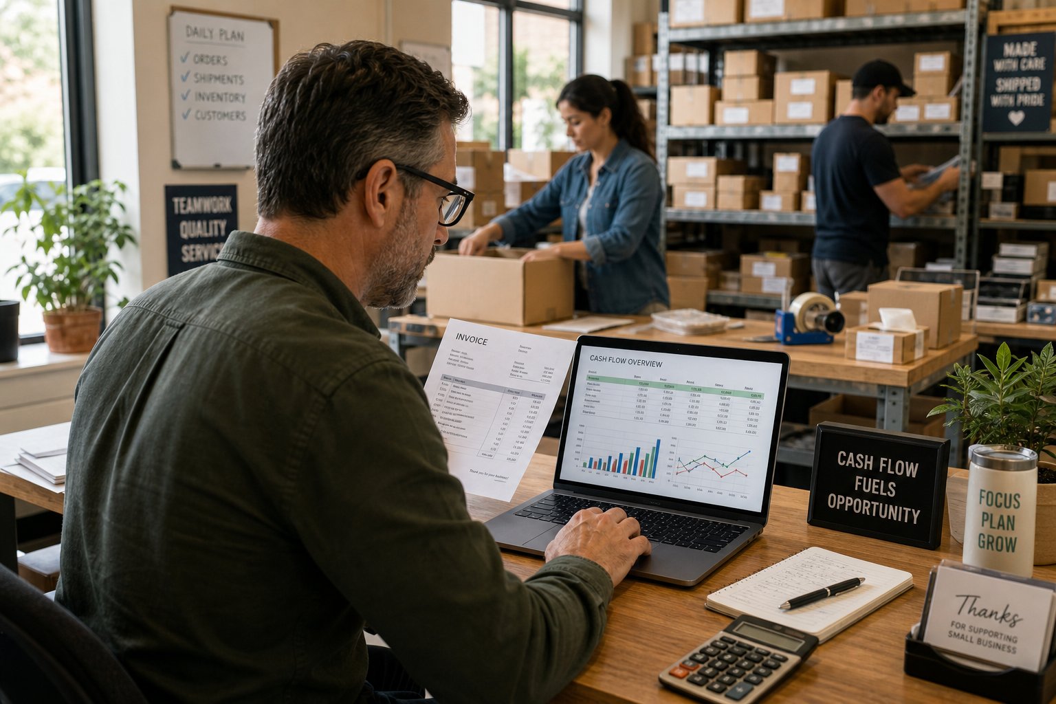 Business manager monitoring cash flow in an active workspace while daily operations continue smoothly.