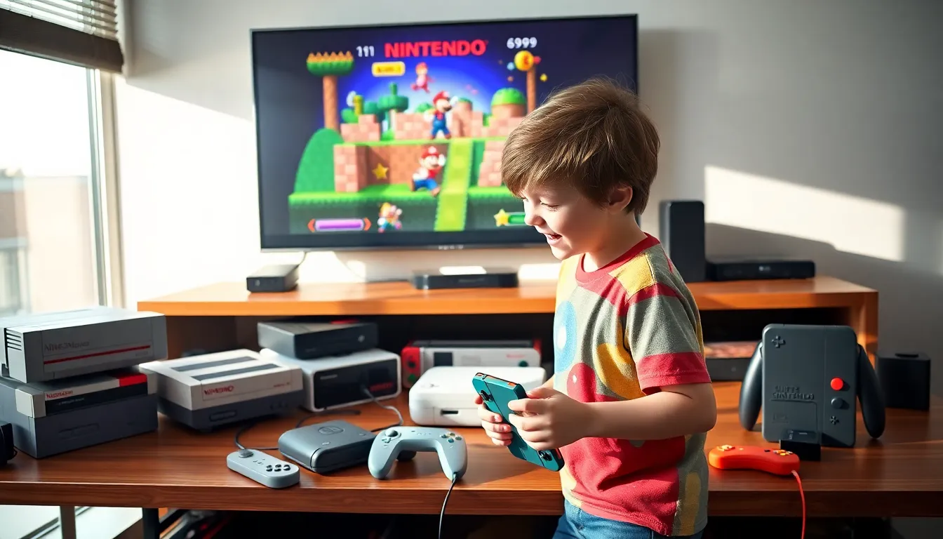 A child playing Nintendo Switch with various consoles displayed in a bright gaming room.