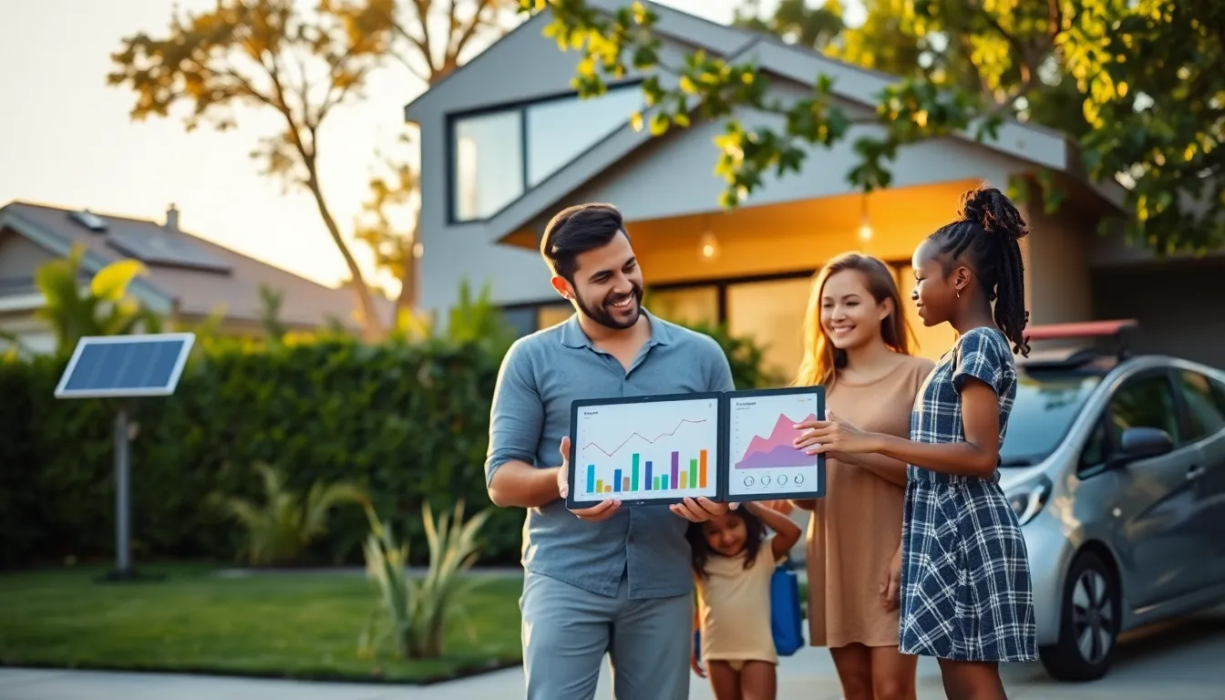 A family engaging with a tablet showing energy consumption data outside their home.