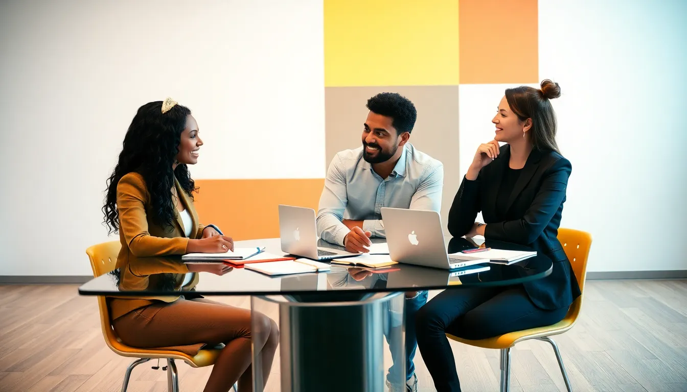 diverse team discussing relationship advice in a modern office.