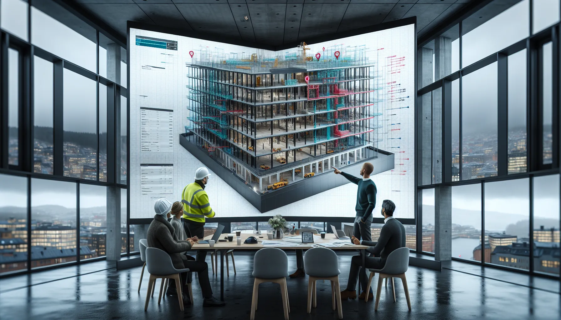 Slik bruker du bim for å redusere byggefeil 2 Norwegian construction team reviews a bim model to spot clashes early.