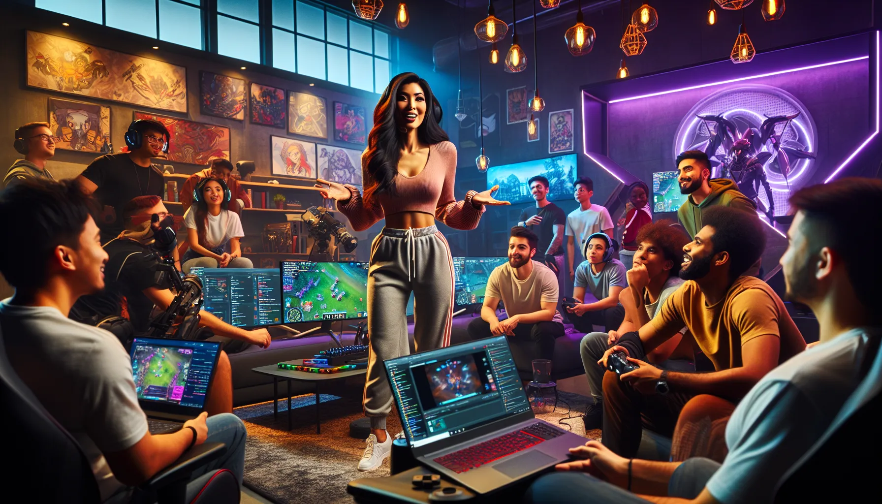 diverse gamers in a lively gaming lounge, streaming and collaborating.