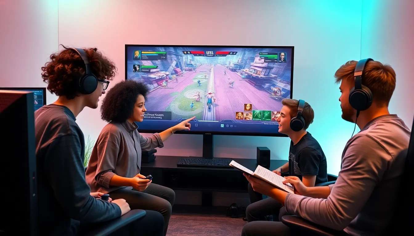 diverse group of gamers collaborating in a modern gaming room.