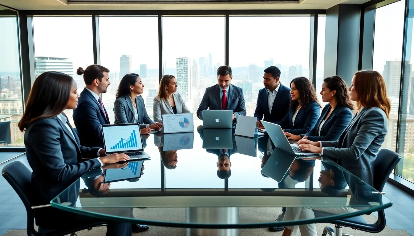 diverse professionals discussing politics in a modern office setting.