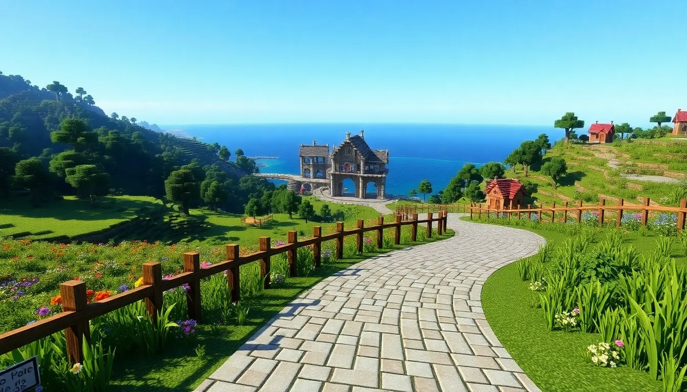 A winding cobblestone road through a vibrant Minecraft landscape.