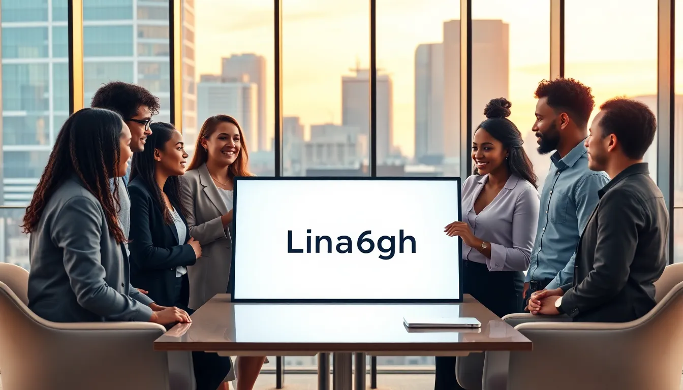 diverse professionals discussing Lina966gh in a modern office setting.